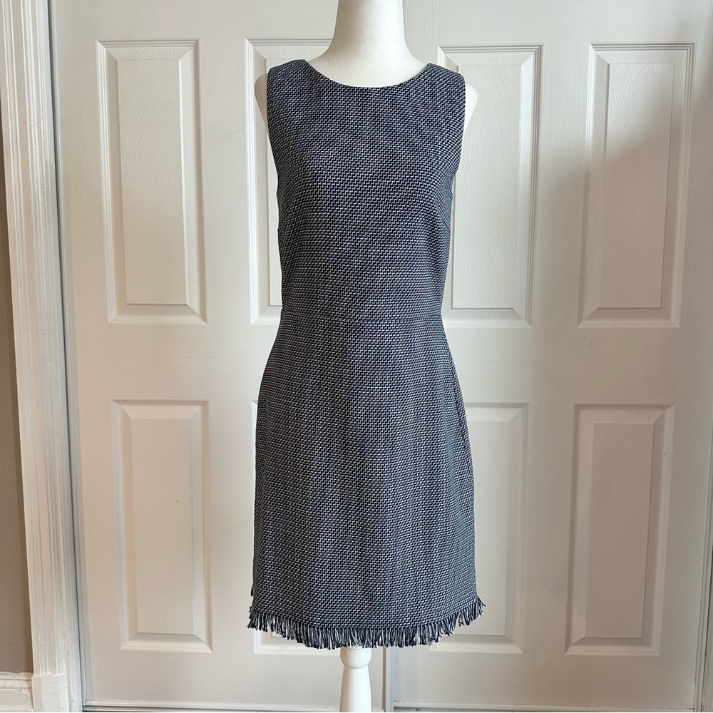 LOFT Navy Blue Classic Woven Shift Dress w/ Fringe Raw Hem